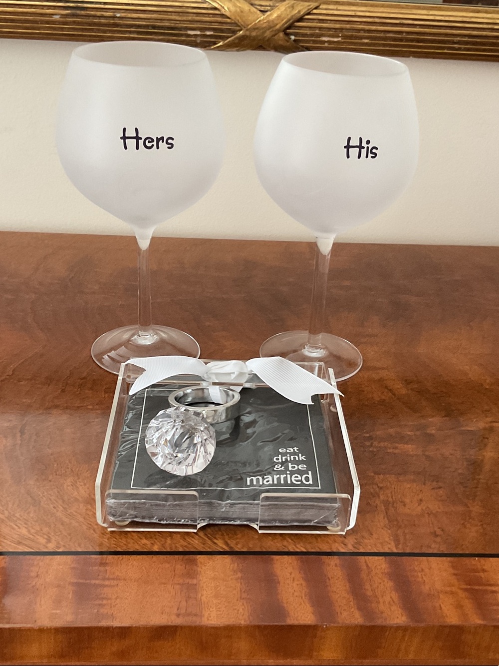 Frosted 'His' and 'Hers' Wine Glasses - acrylic “ Ring” napkin holder